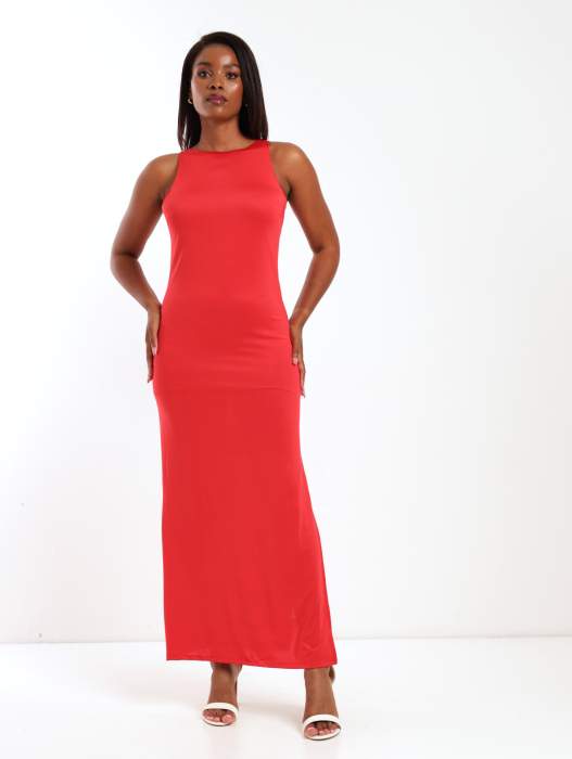 K&K Ladies Backless Maxi Dress With Gold Chain - Red